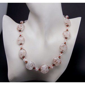 Venetian Murano Summerso Clear Glass White Swirls Aventurine Disc Necklace Vtg